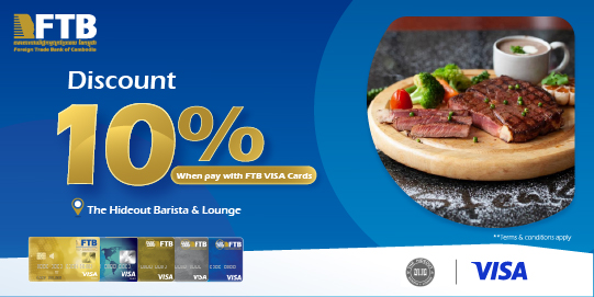 Get 10% off on Food and Beverage when make a payment with FTB VISA Cards at The Hideout Barista & Lounge.